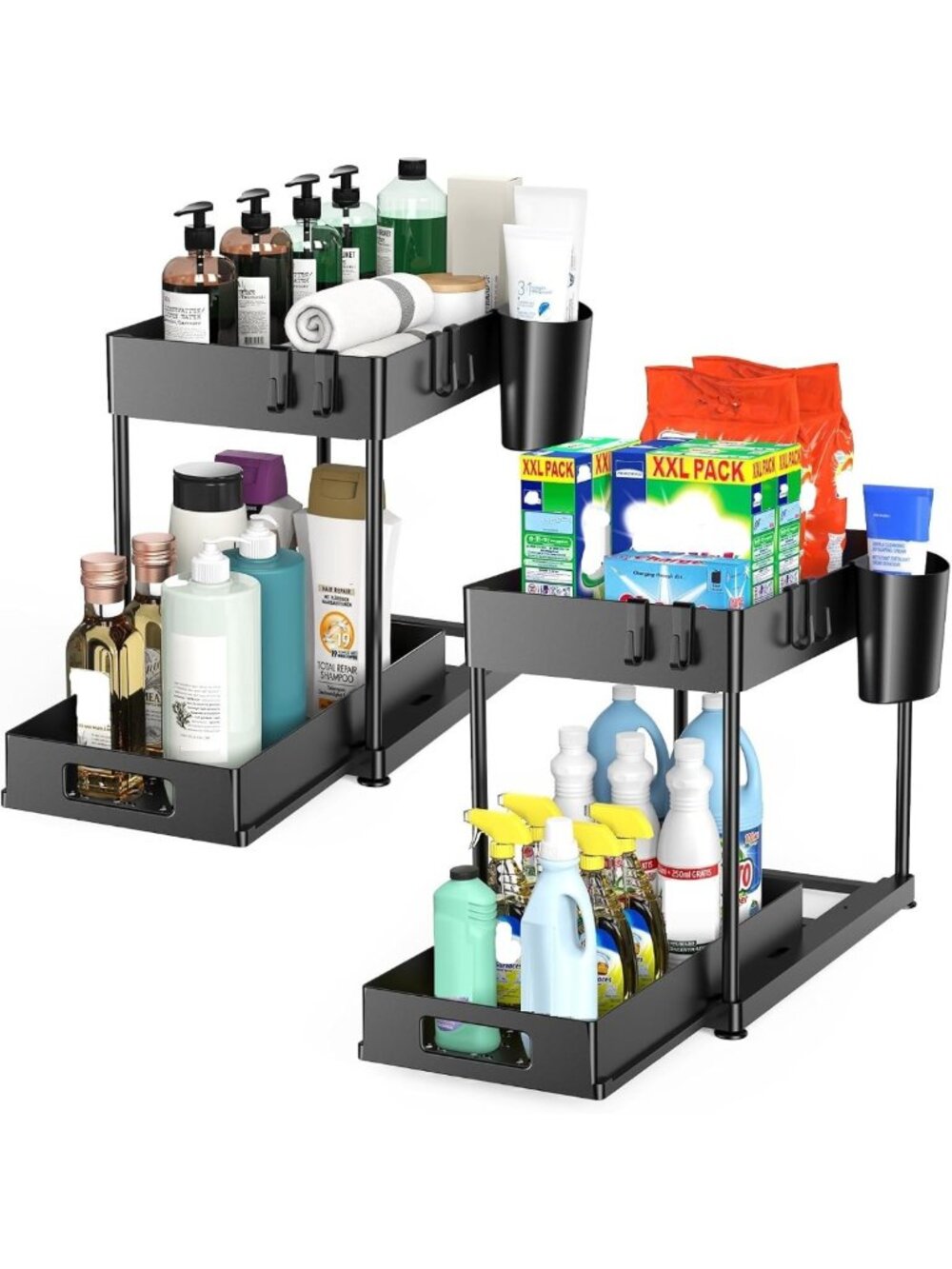 2-Pack Under Sink Storage Organizer with Pull-Out Drawer, Stylish Black Design